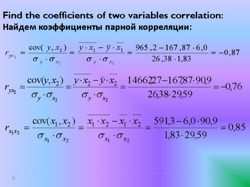Find the coefficients of two variables correlation: Найдем коэффициенты парной корреляции: